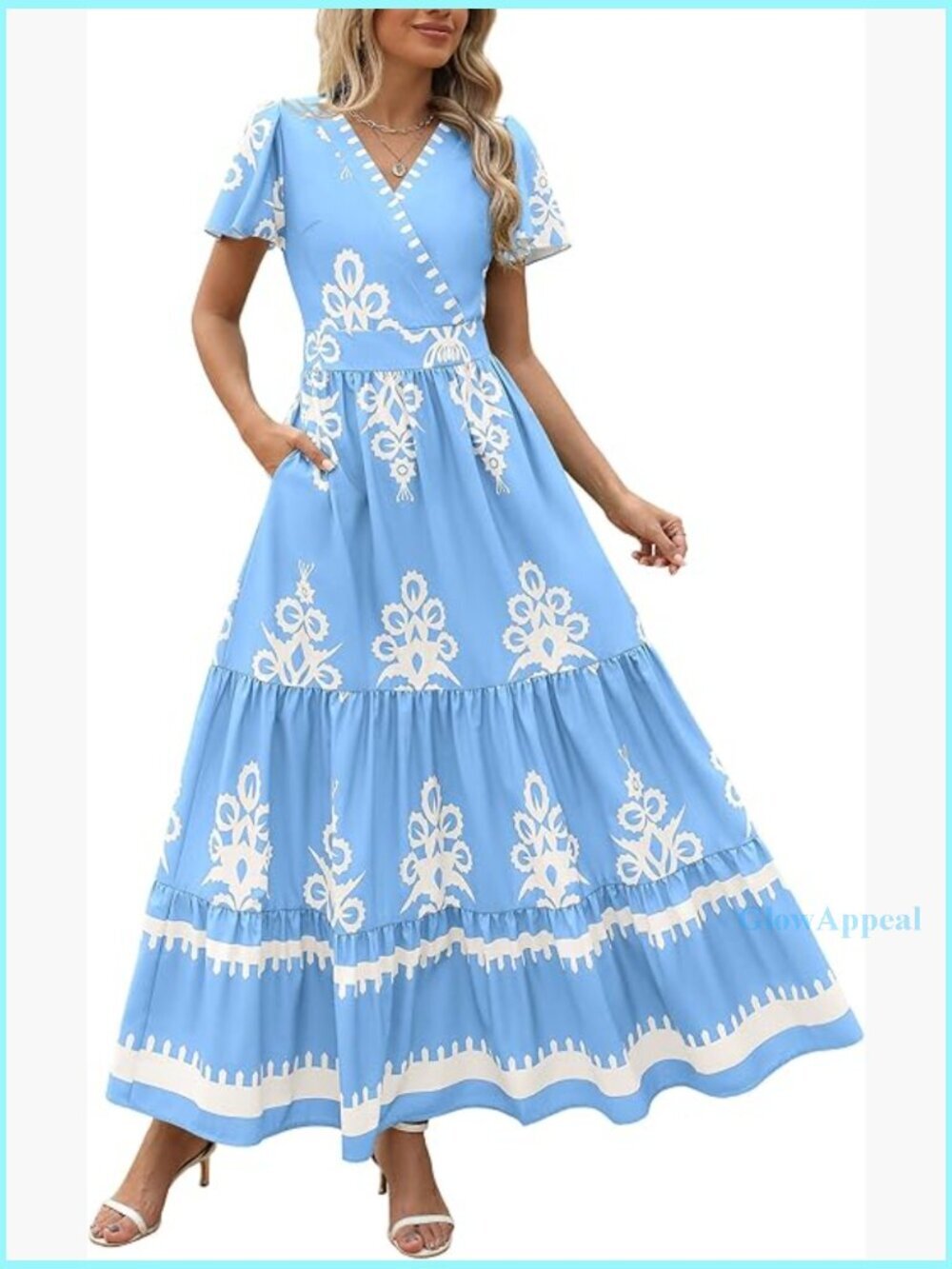 V-Neck Maxi Dress with Bell Sleeves, Tiered Flowy A-Line, Pockets